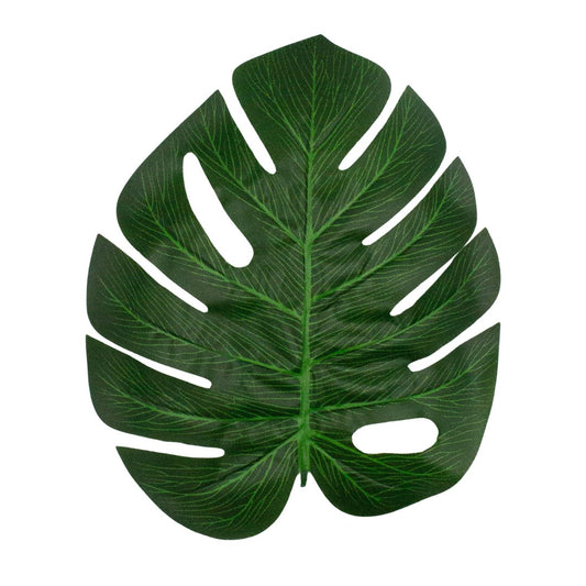 Tropical monstera leaf cutout decoration, dark green with white slit cutouts