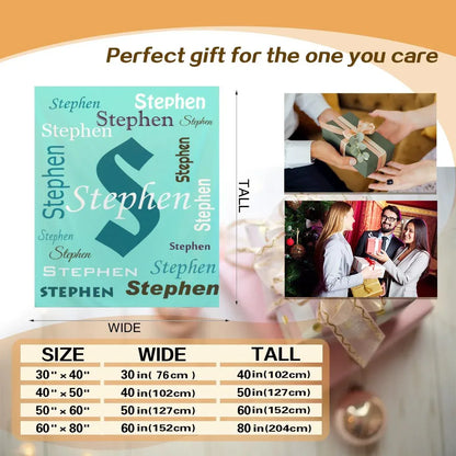 Your Letter & Name, Personalized Name Blanket, Soft Flannel Fleece Throw, Mint Green Navy - Dream Dragons