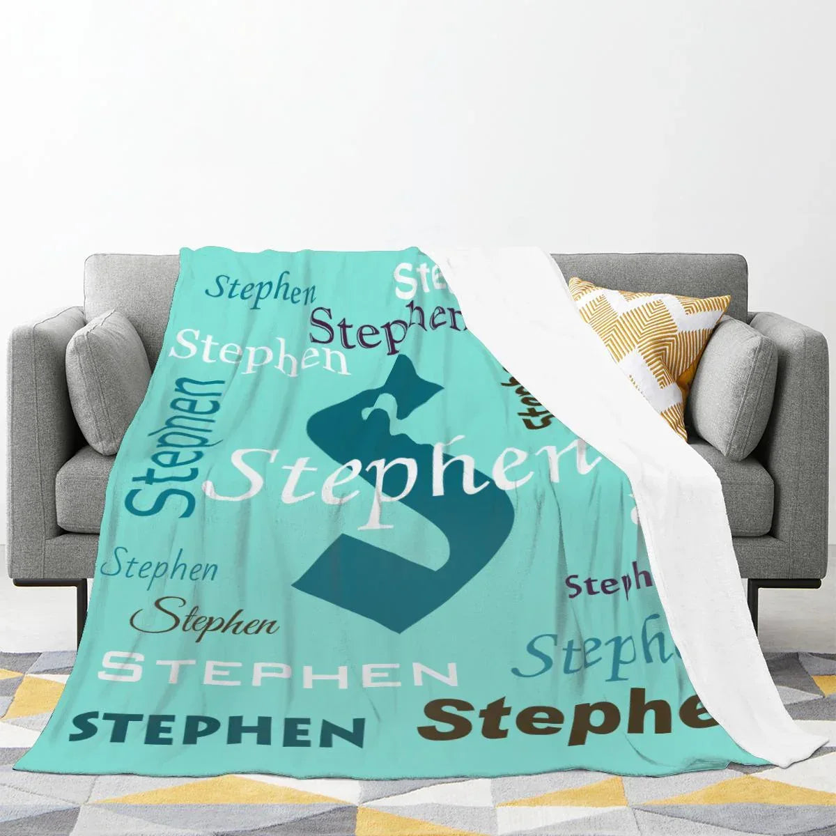 Your Letter & Name, Personalized Name Blanket, Soft Flannel Fleece Throw, Mint Green Navy - Dream Dragons