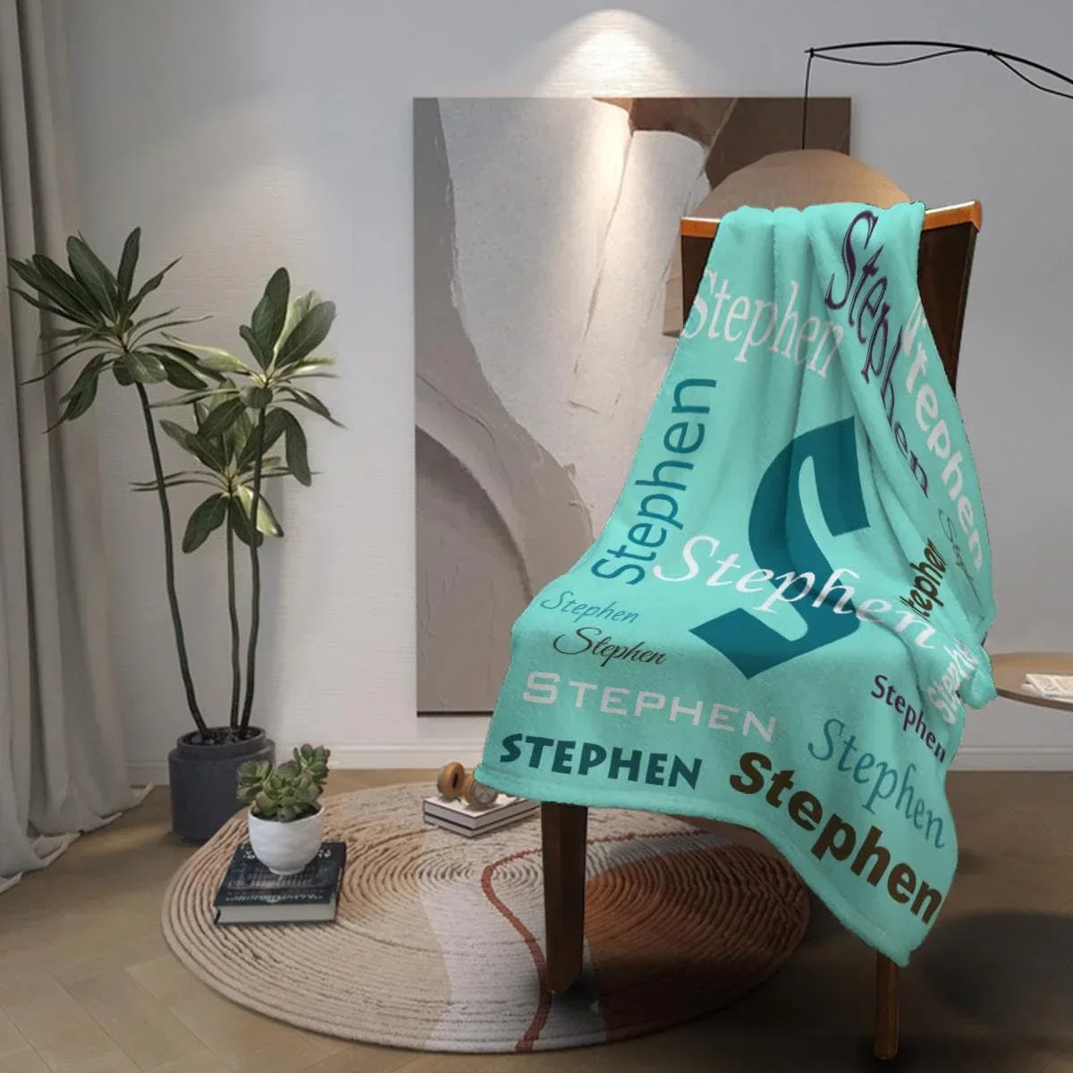 Your Letter & Name, Personalized Name Blanket, Soft Flannel Fleece Throw, Mint Green Navy - Dream Dragons