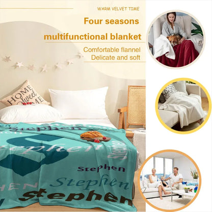 Your Letter & Name, Personalized Name Blanket, Soft Flannel Fleece Throw, Mint Green Navy - Dream Dragons