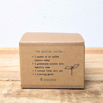 Coffee plant seed kit box side with contents list and icons