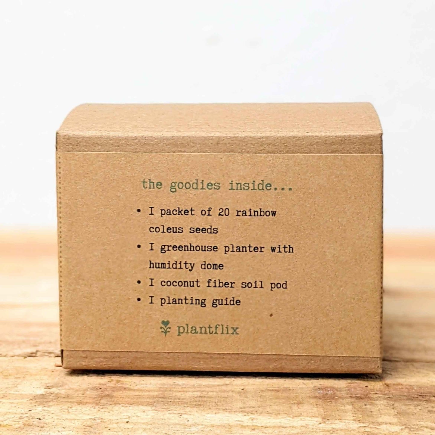 Coleus seed kit box back panel showing contents list on kraft cardboard