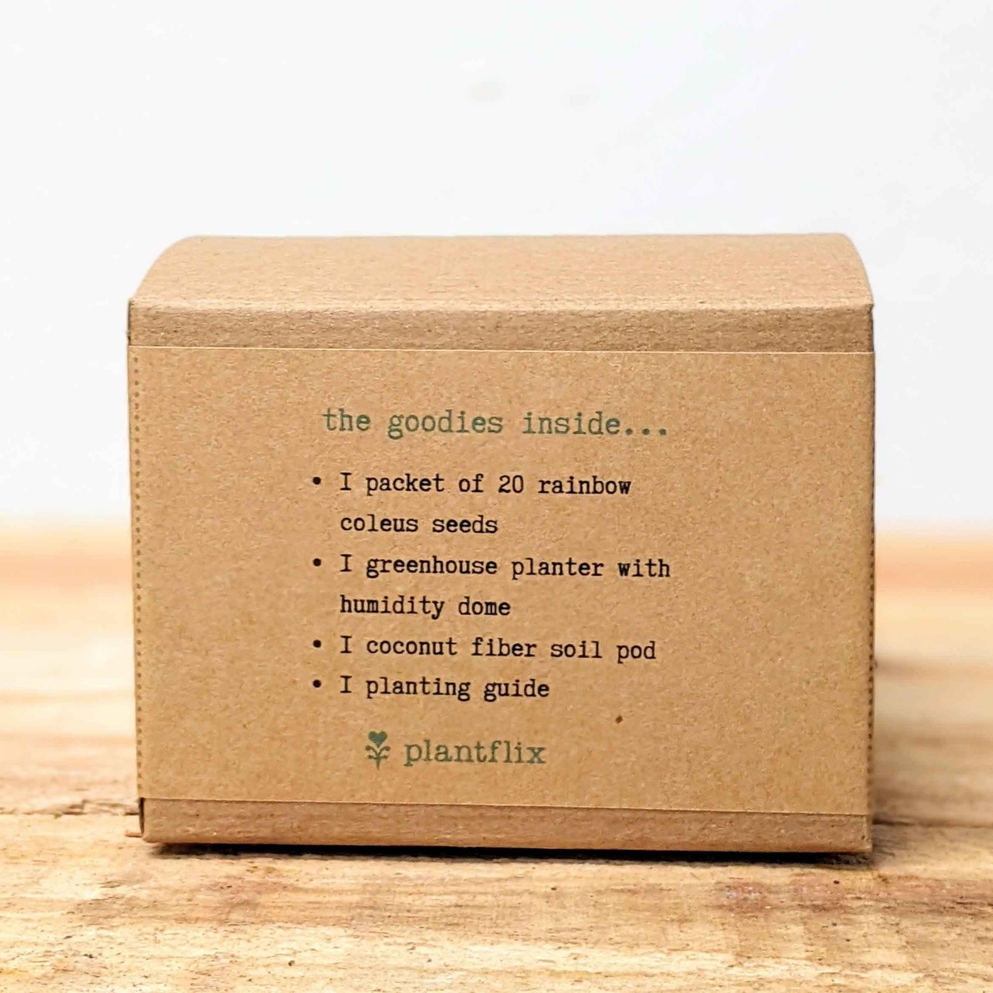 Coleus seed kit box back panel showing contents list on kraft cardboard