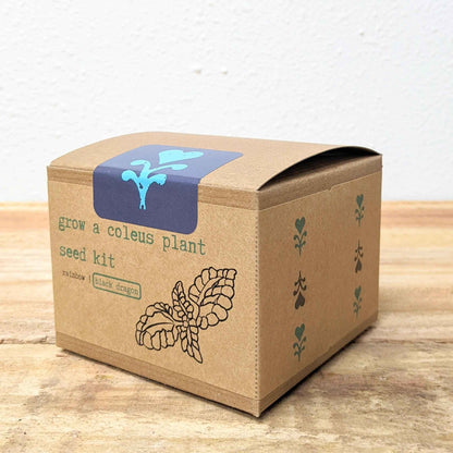 Coleus seed kit side panel with green sprout icons and black dragon flower illustration