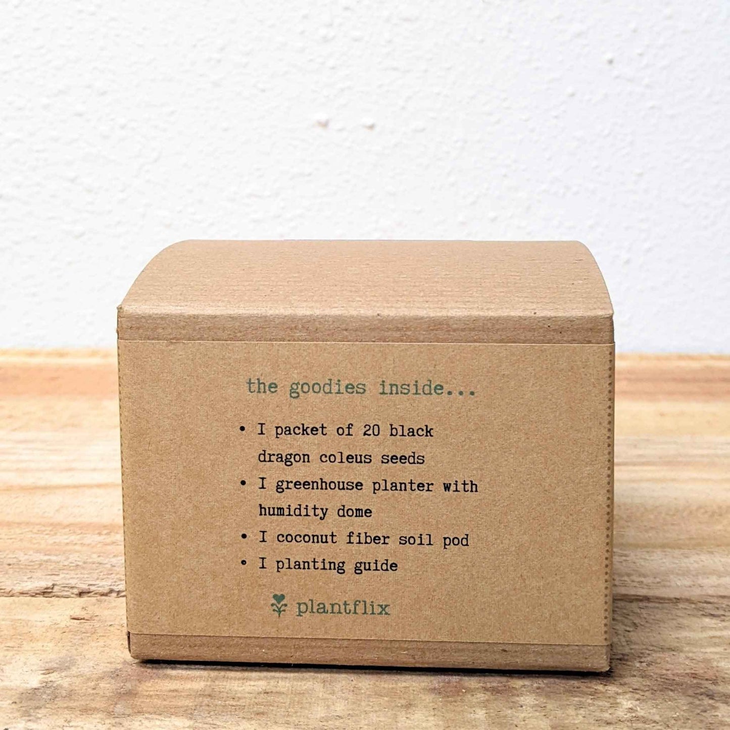 Coleus seed kit box side view with contents list for black dragon coleus seeds