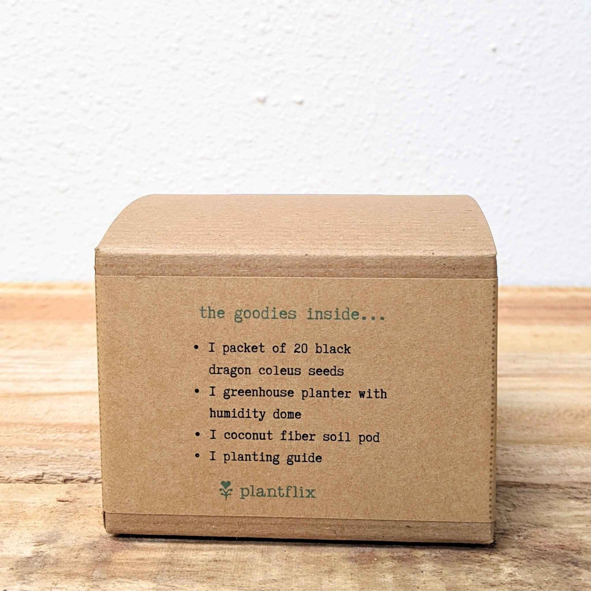 Coleus seed kit box side view with contents list for black dragon coleus seeds