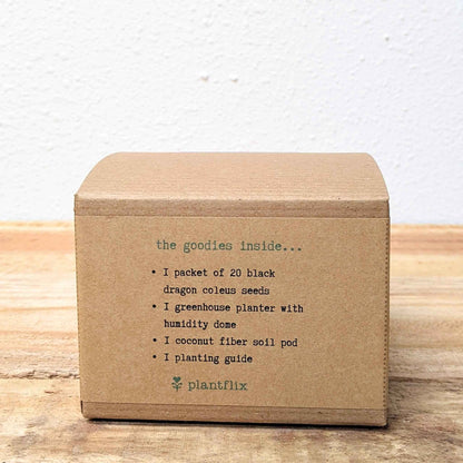 Coleus seed kit box back panel with contents list and Plantflix branding