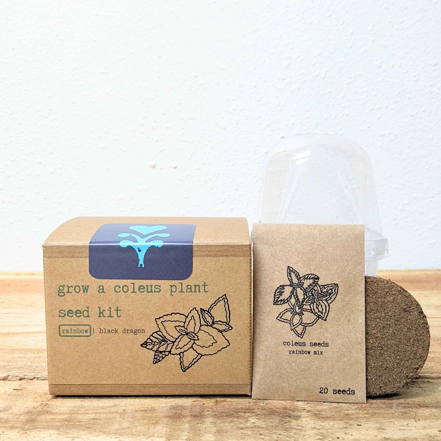Coleus seed kit box, seed packet, and round soil disk with clear dome