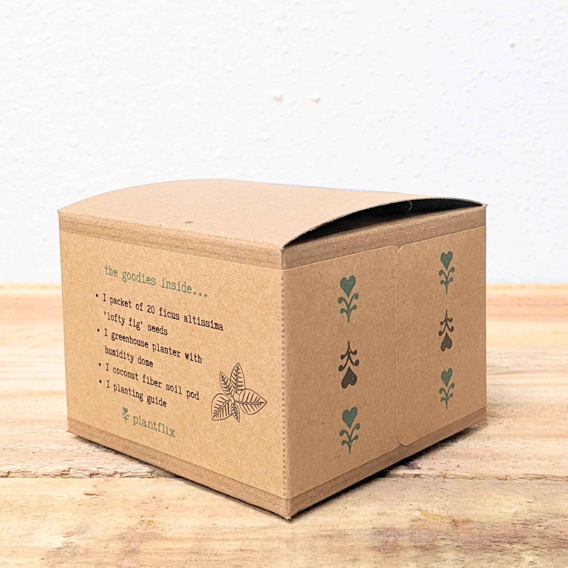 Seed kit shipping box side panel with leaf icon decals