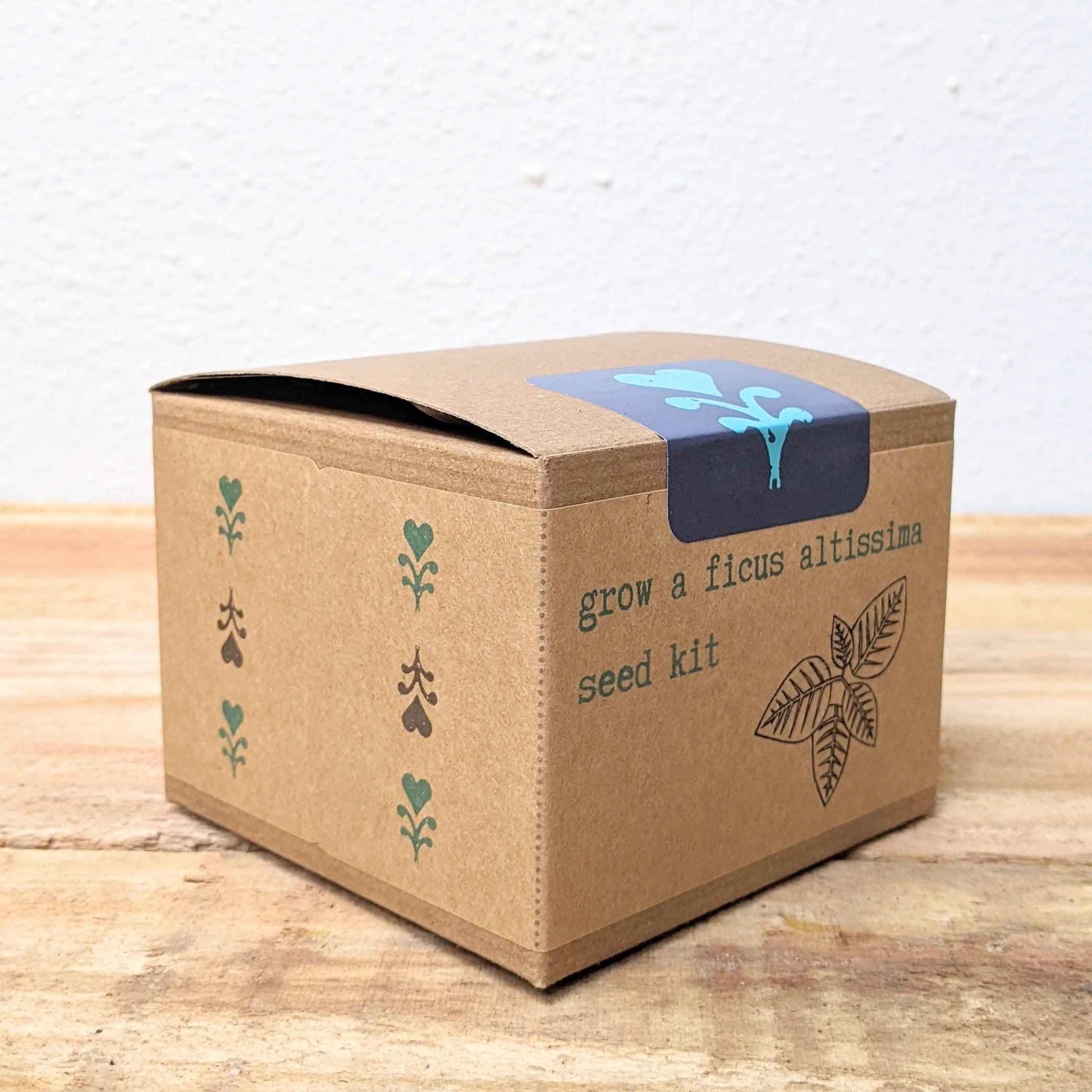Seed kit box 3/4 view with "grow a ficus altissima seed kit" and goat logo strip