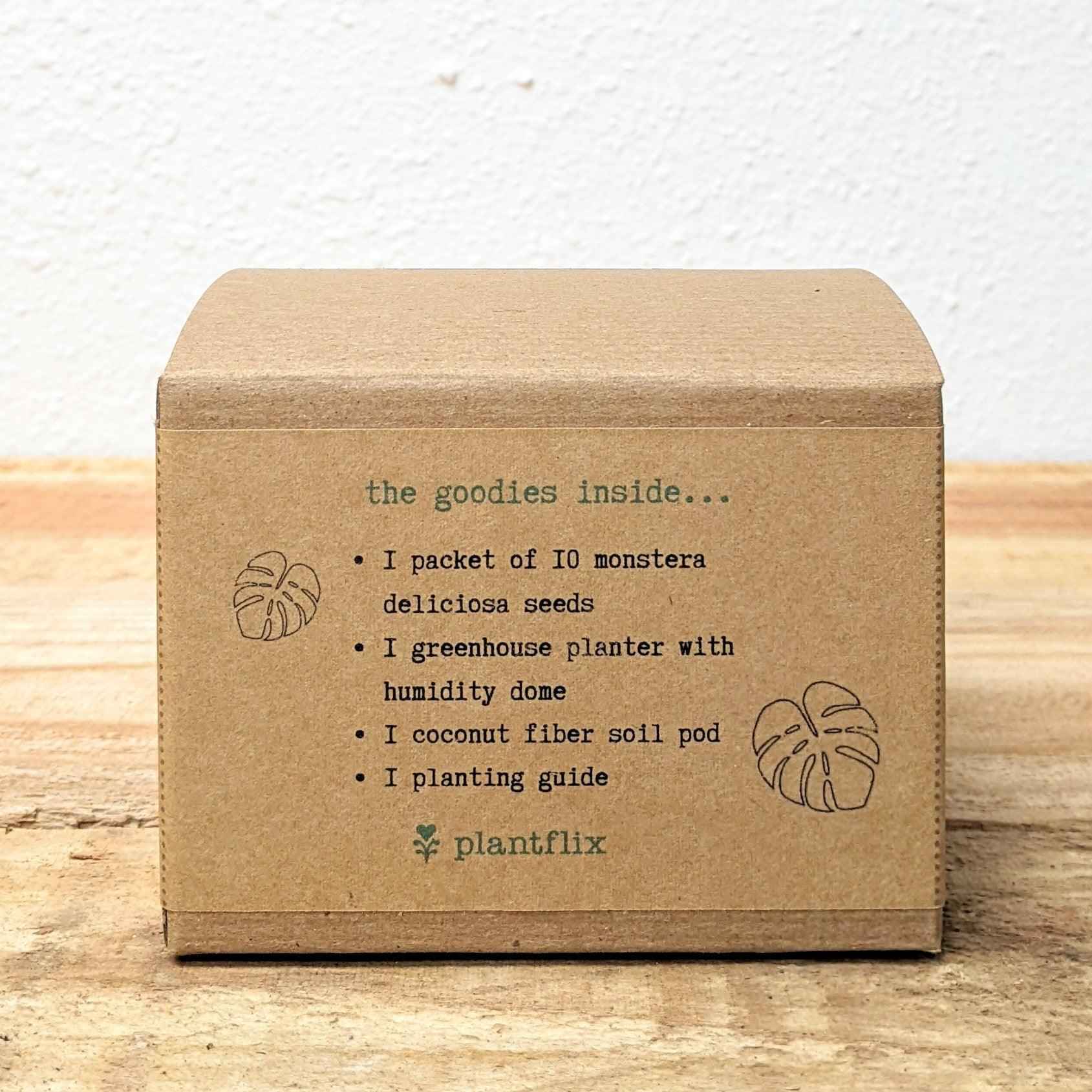 Grow a Monstera seed kit box back with contents list and Plantflix logo