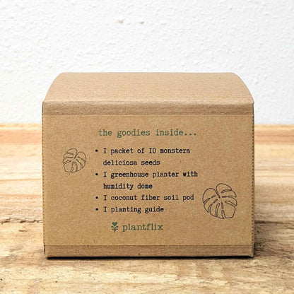 Grow a Monstera seed kit box back with contents list and Plantflix logo