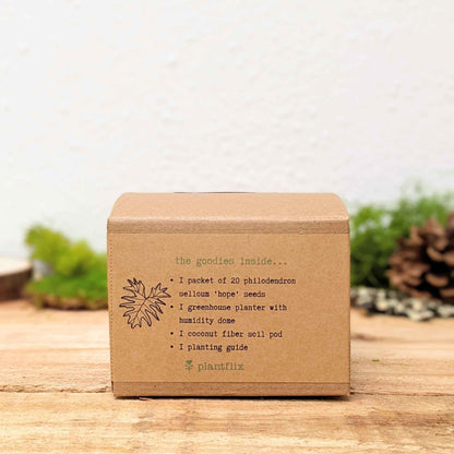 Philodendron seed kit box back panel listing contents and plantflix logo