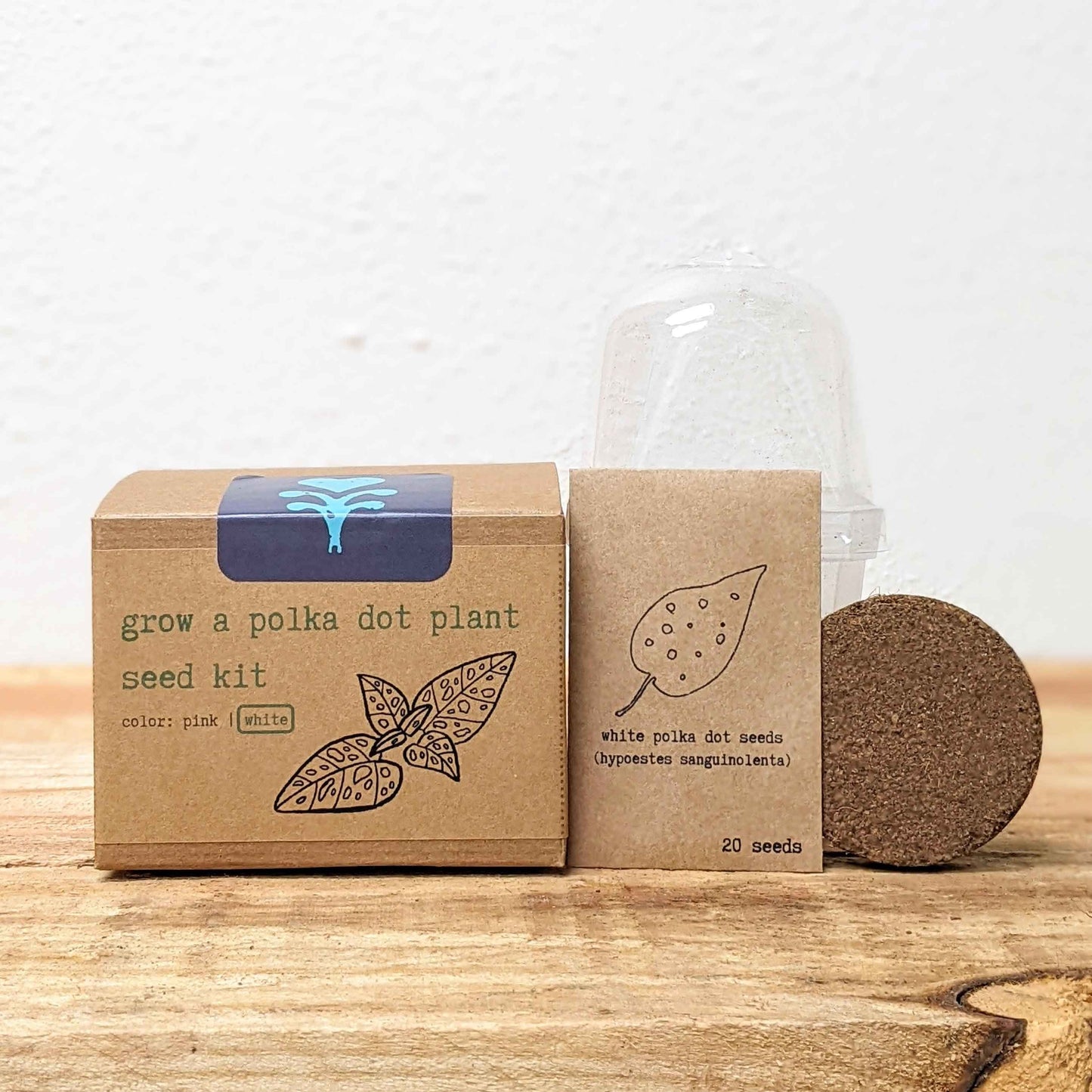 Grow a polka dot seed kit: box and seed packet, pink & white polka dots