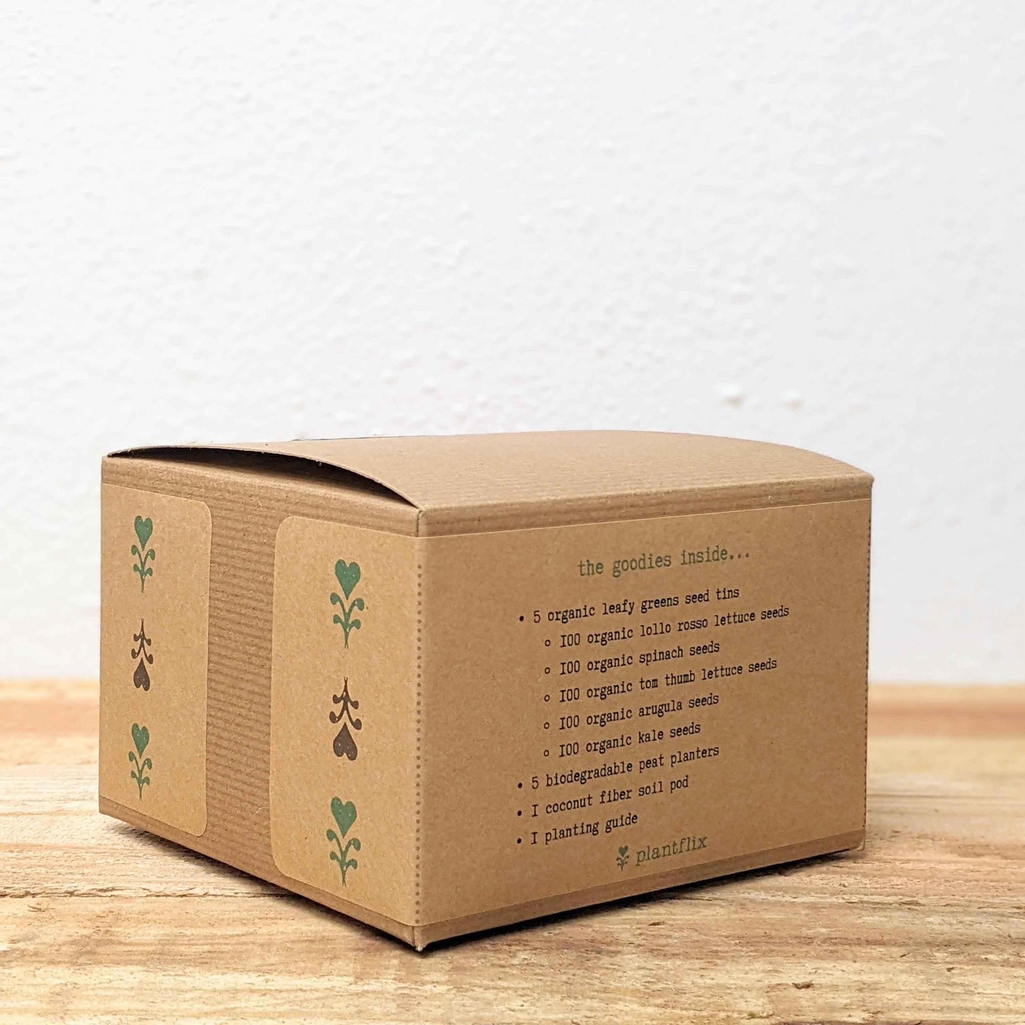 Leafy greens seed kit box back panel with contents list and logo