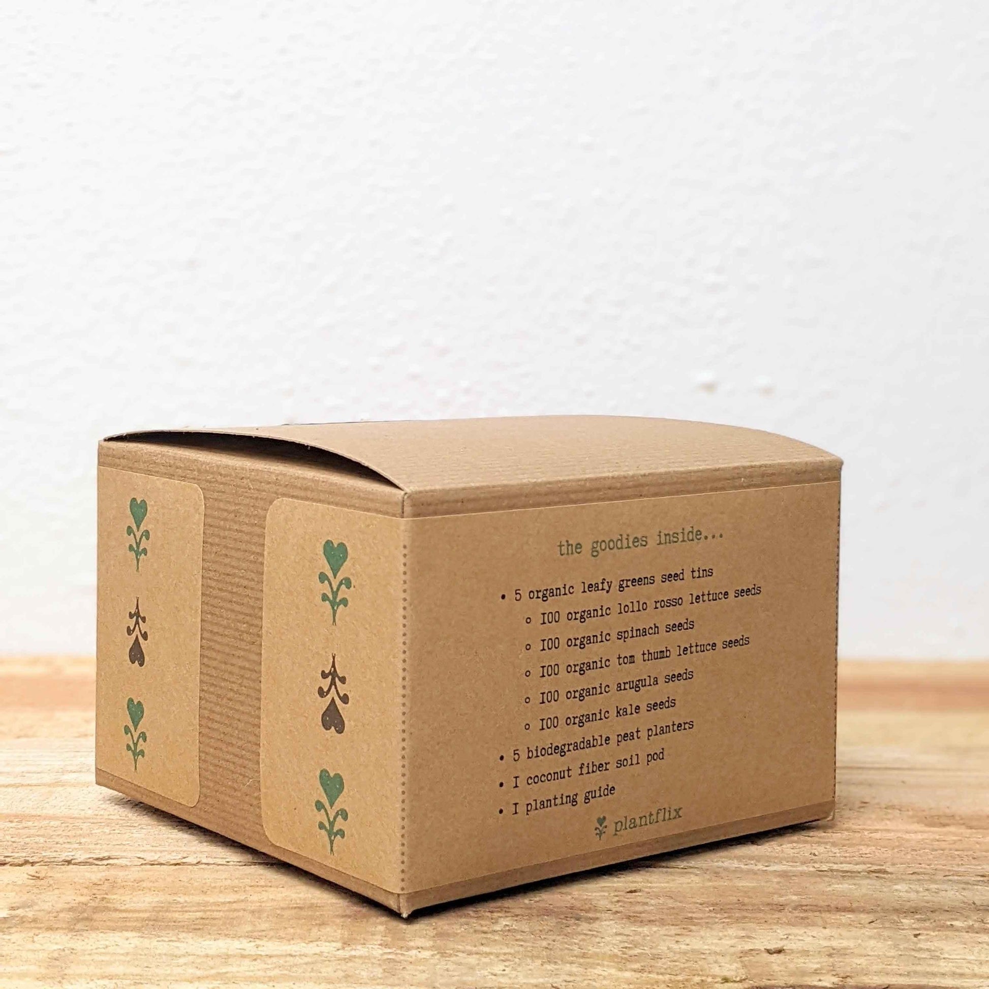Leafy greens seed kit box back panel with contents list and logo