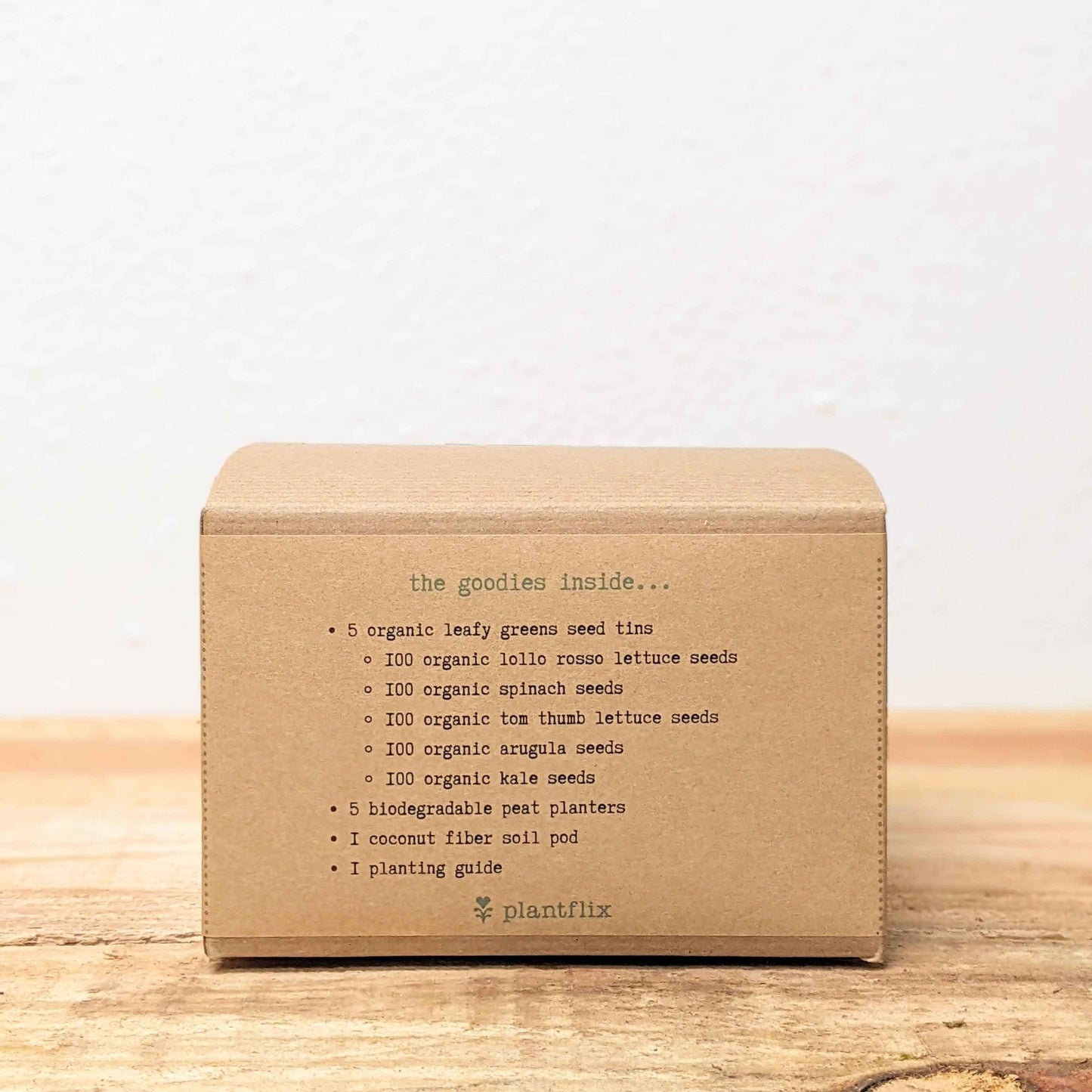 Leafy greens seed kit box back with contents list and plantTrix logo
