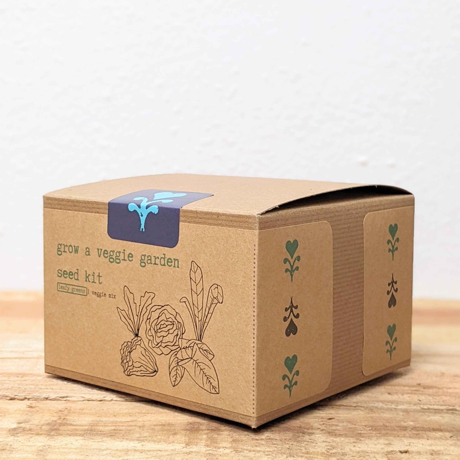 Leafy greens seed kit cardboard box with leaf icons on the side