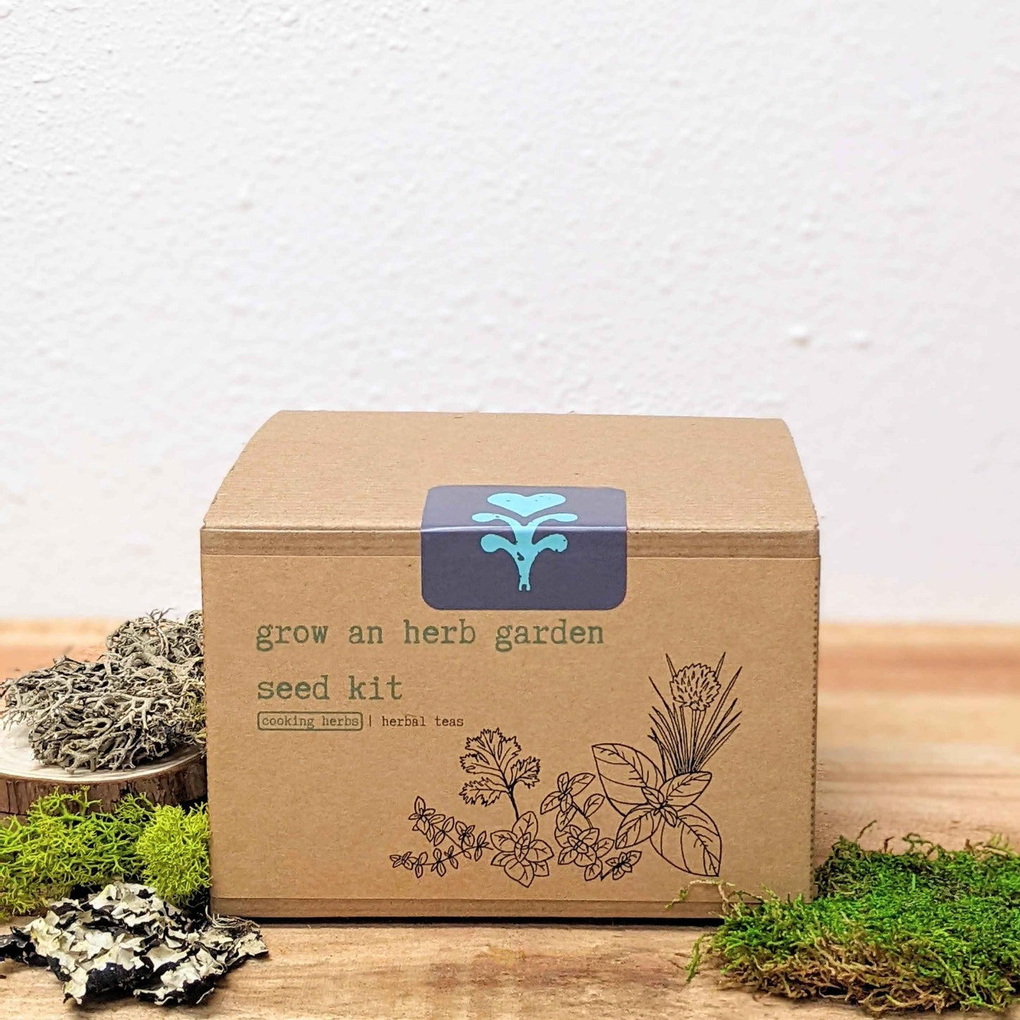 Herb seed kit box front: grow an herb garden, seed kit with herb illustrations