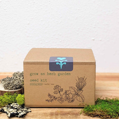 Herb seed kit box front: grow an herb garden, seed kit with herb illustrations