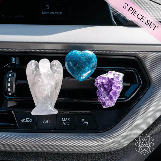 Car vent crystal clip set with clear angel, blue heart, and purple crystal pieces