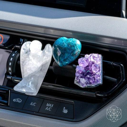 Car air vent clip crystals: clear angel, blue heart, and purple geode cluster