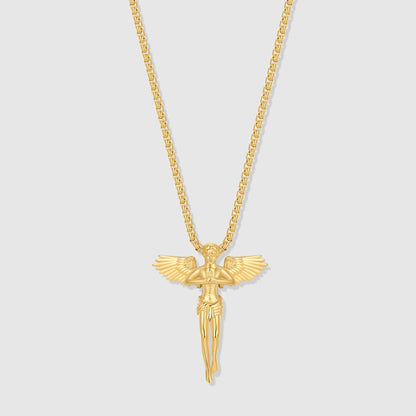 Gold rope chain necklace with guardian angel pendant and outstretched wings