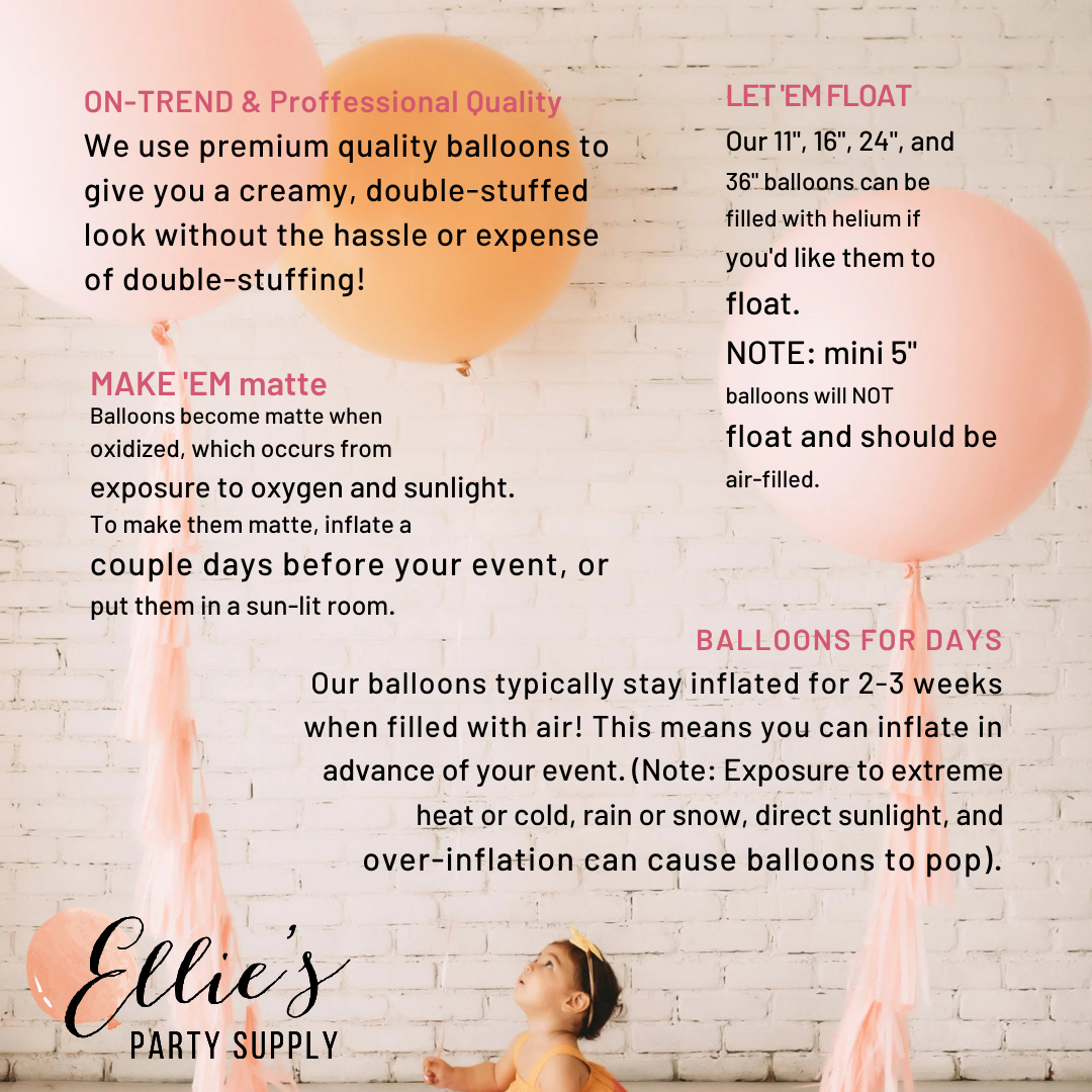 Floating pink balloon cluster with care tips and balloon longevity notes