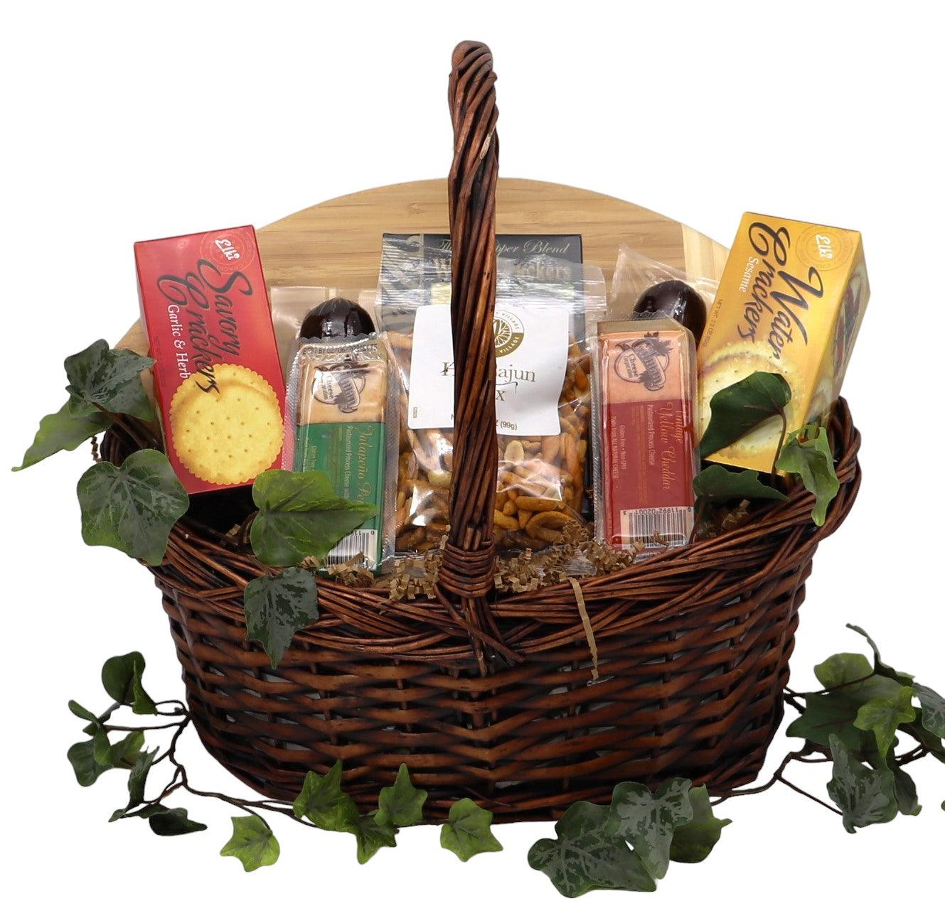 Woven gift basket with wooden insert, assorted cookie and snack packs, and pretzel sticks