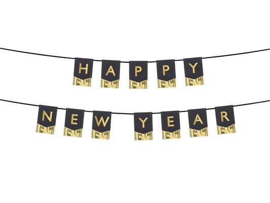 Happy New Year banner with black flag pennants and gold letter print