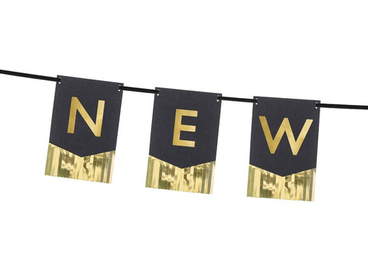 New Year banner pennants with gold letters on black fabric flags