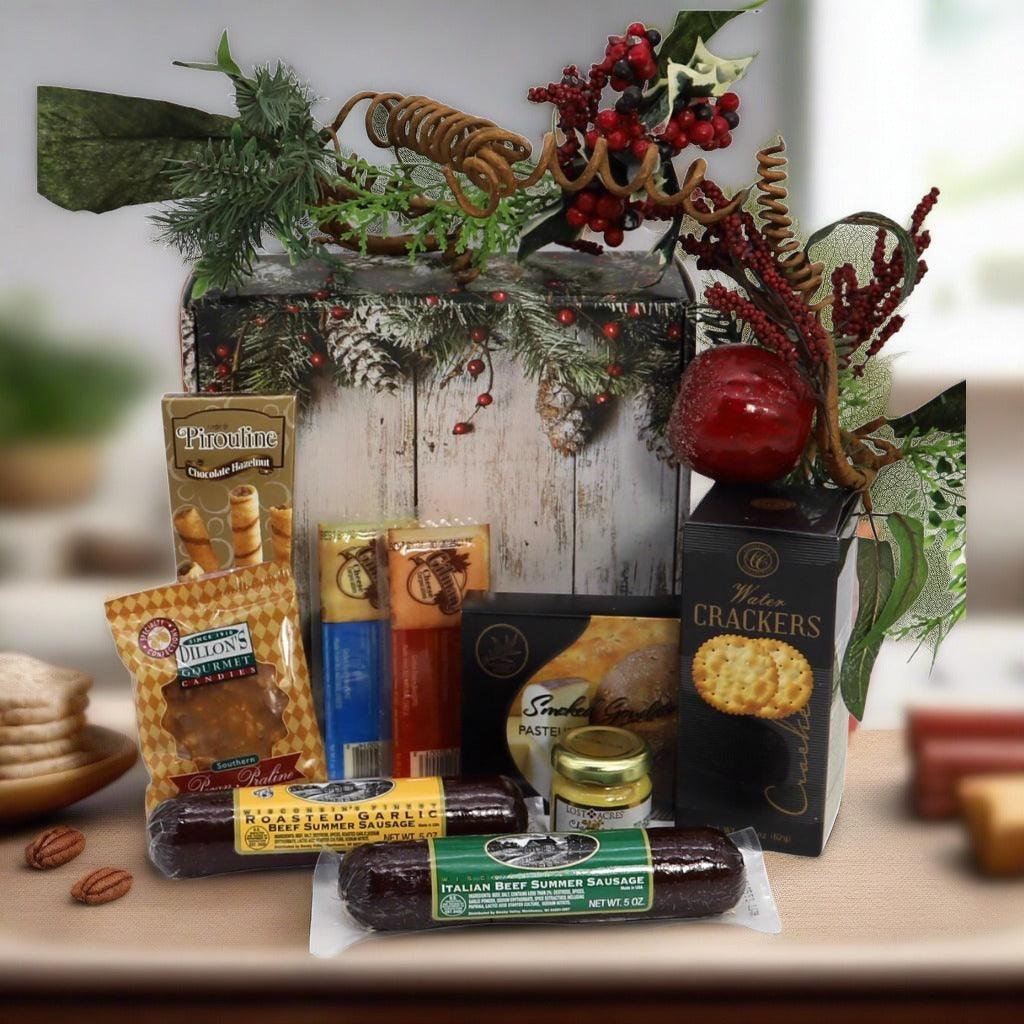 Deluxe holiday gift box with gourmet snack packages and crackers, styled on table