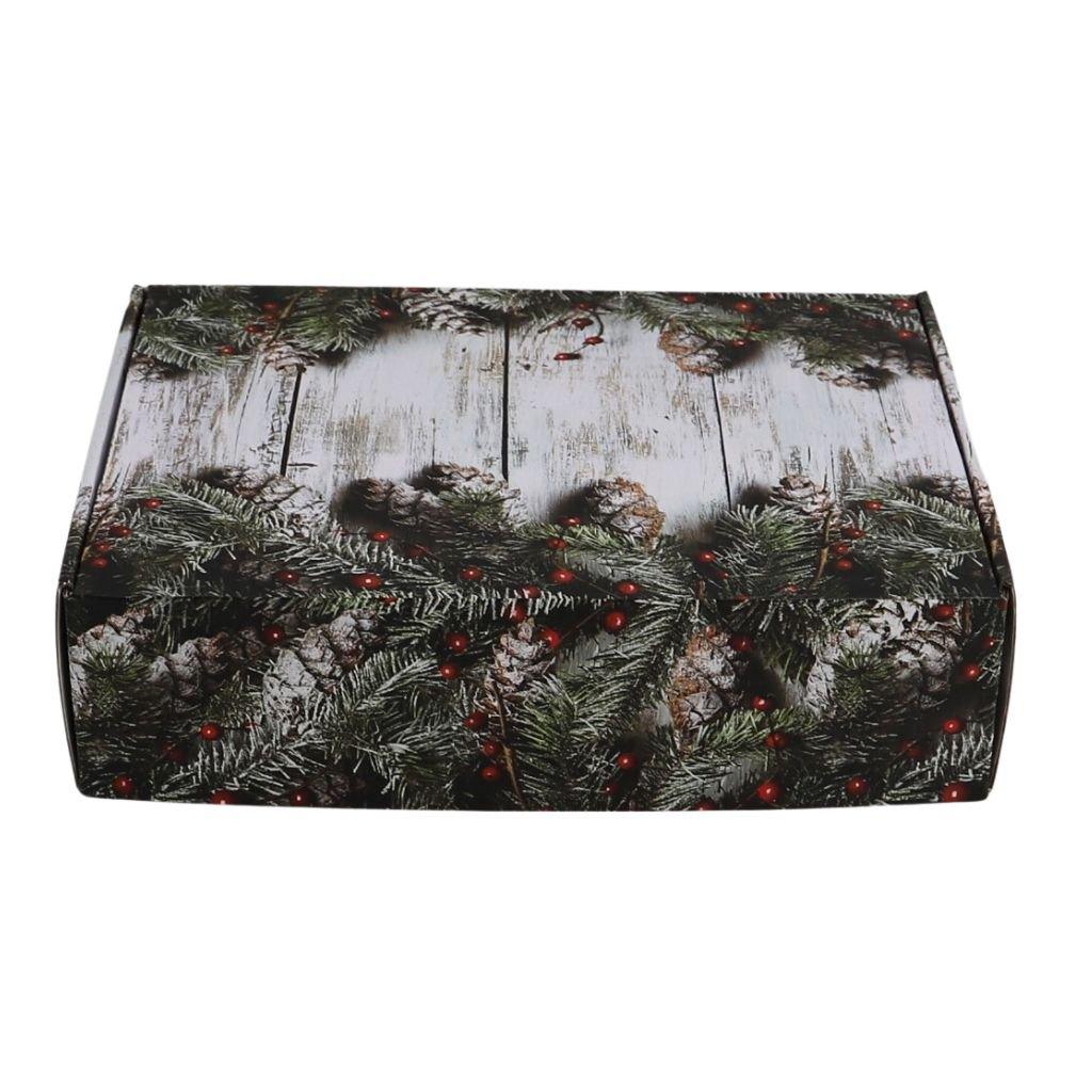 Holiday gift box lid with pine branches and red berry wreath pattern