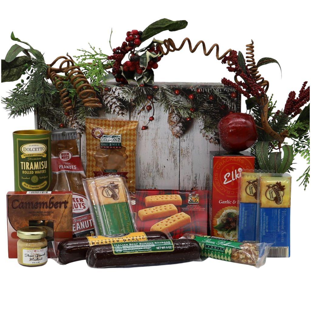 Holiday gift box with assorted gourmet items, open top with festive wreath