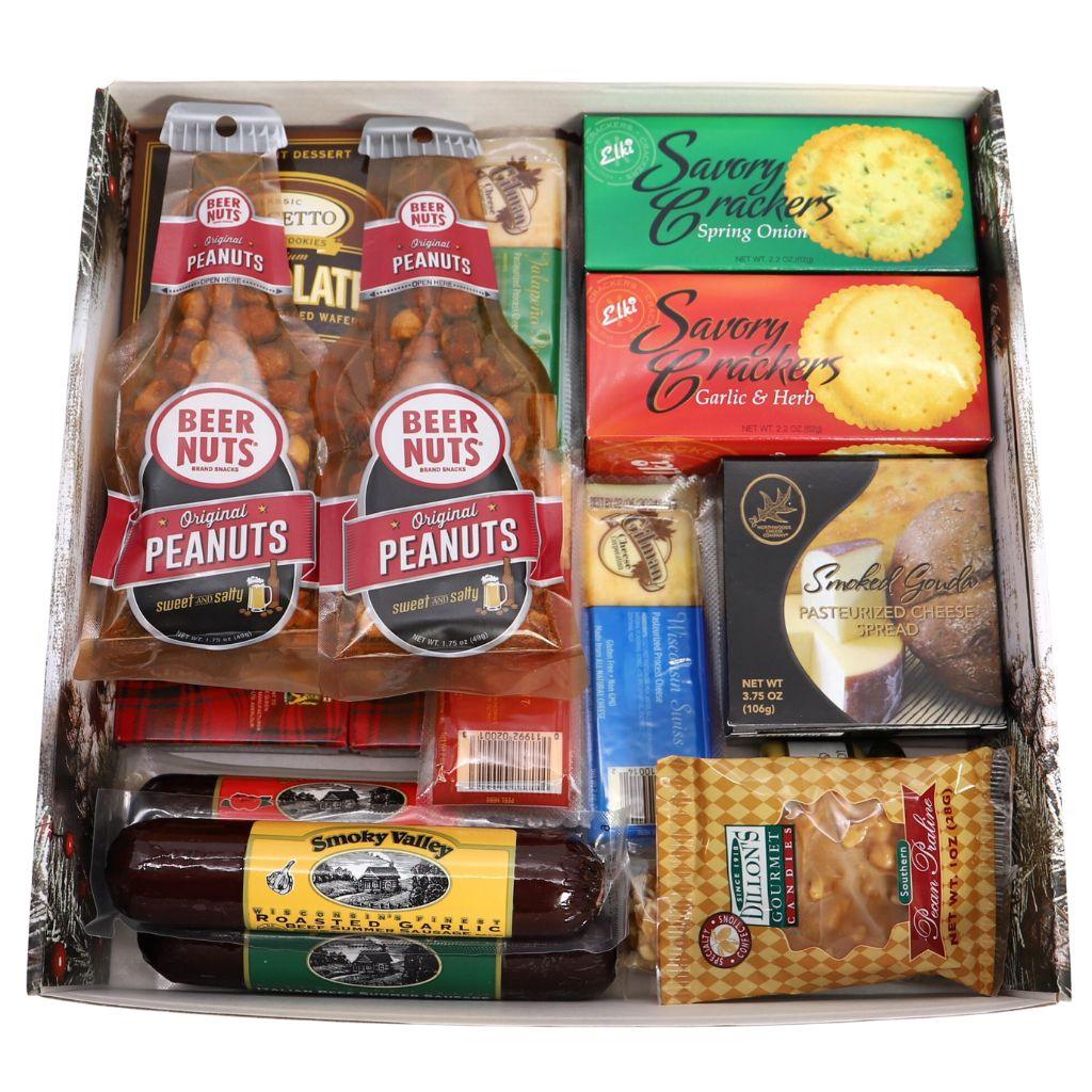 Open holiday snack gift box with beer nuts, crackers, cheese wedges and sausage packs