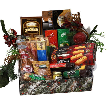 Holiday snack gift box with crackers, cheese, peanuts, chocolate, sausage and cookies