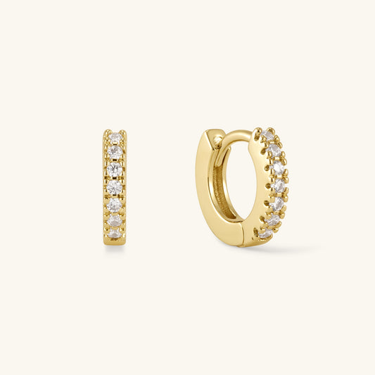 Gold cubic zirconia huggie hoop earrings with clear stone row, 10 mm