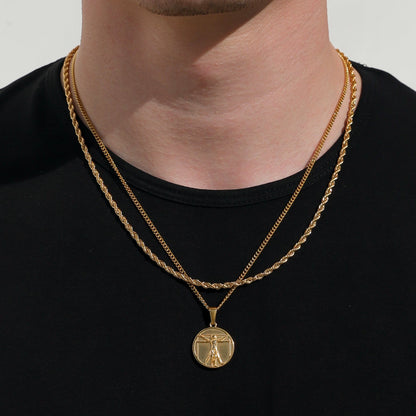 Gold rope chain necklace with round Vitruvian Man pendant medallion