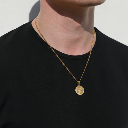 Gold rope chain necklace with round medallion pendant featuring Vitruvian Man