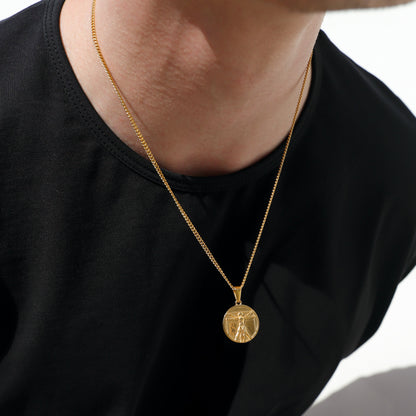 Gold rope chain necklace with round Vitruvian Man medallion pendant