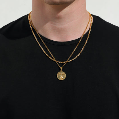 Gold rope chain necklace with round Vitruvian Man medallion pendant