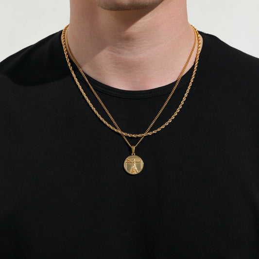 Gold rope chain necklace with round Vitruvian Man medallion pendant