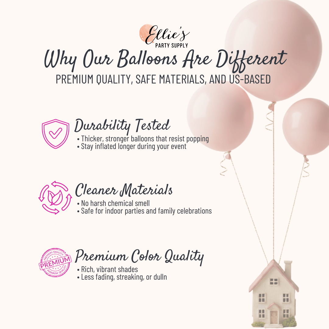 Pink latex balloon with small house decoration and tied string bundle