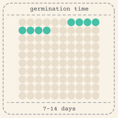 Germination time chart: 7–14 days, seed circles highlighted in teal