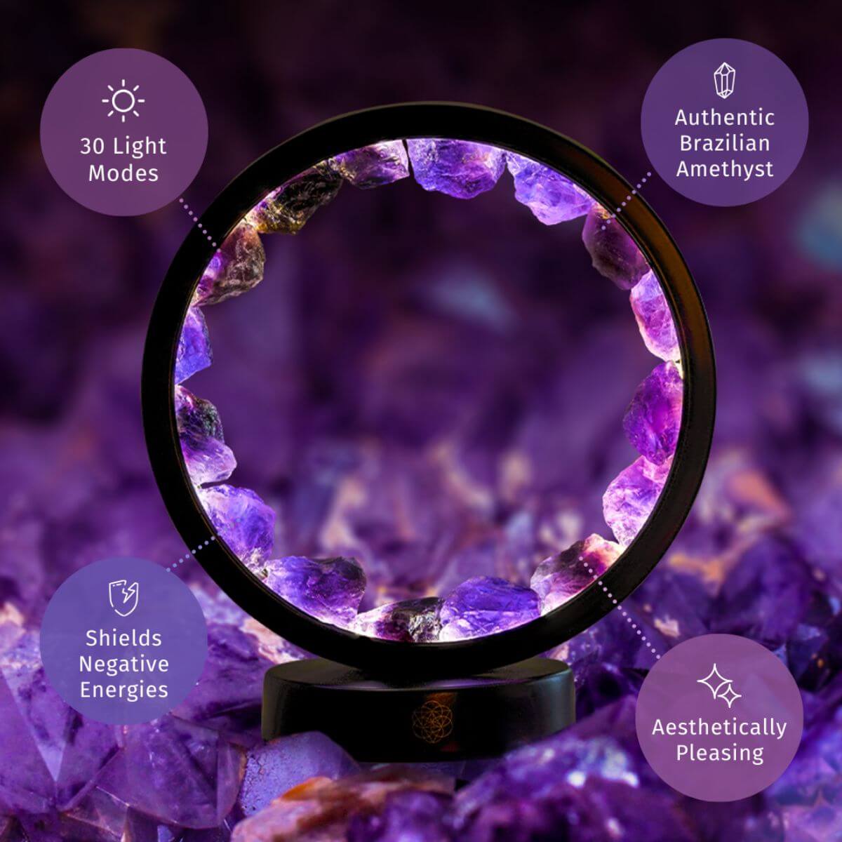 Amethyst halo lamp with purple gemstone ring and black base, glowing circle