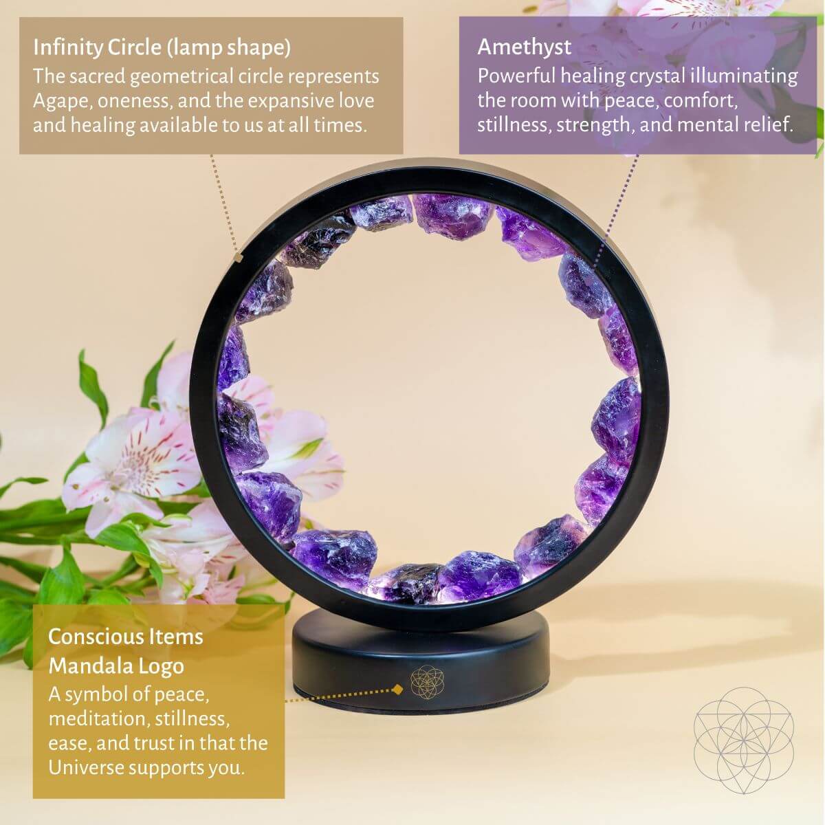 Amethyst halo lamp with purple crystal circle ring and black base