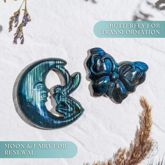 Labradorite moon and butterfly carvings in blue with glossy, carved details.