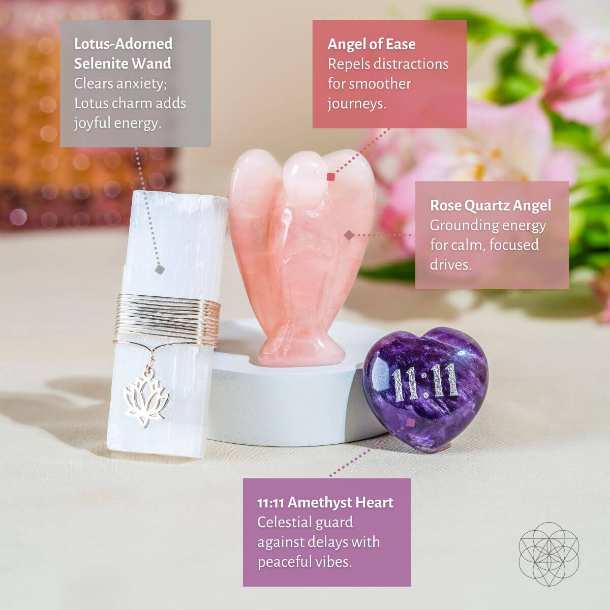 Car crystal kit with angel wand, amethyst heart stone, and stacked metal vent clips