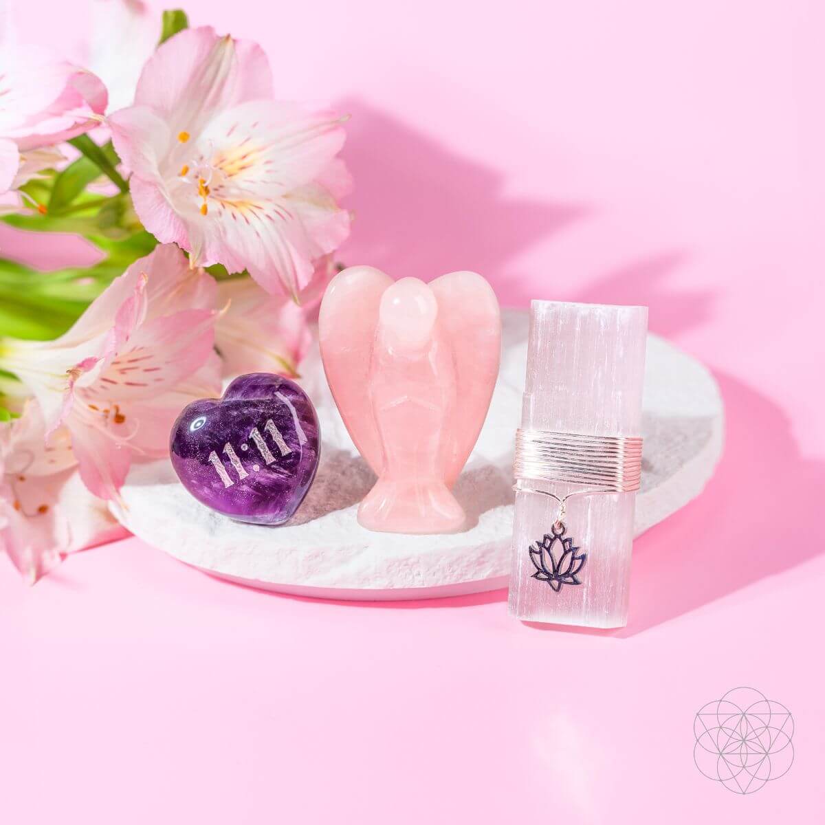 Car crystal accessory set: rose quartz angel figurine, amethyst heart, and vent clip holder